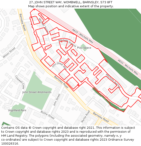 27, JOHN STREET WAY, WOMBWELL, BARNSLEY, S73 8FT: Location map and indicative extent of plot