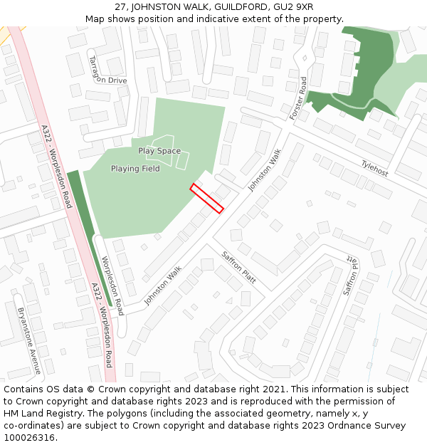 27, JOHNSTON WALK, GUILDFORD, GU2 9XR: Location map and indicative extent of plot