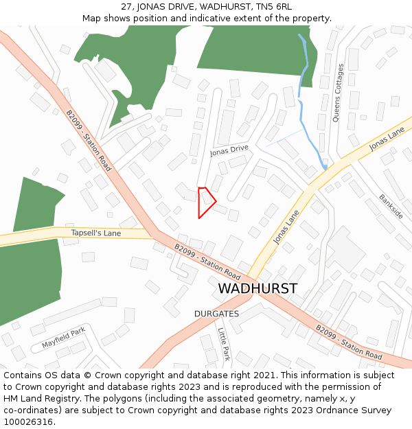 27, JONAS DRIVE, WADHURST, TN5 6RL: Location map and indicative extent of plot