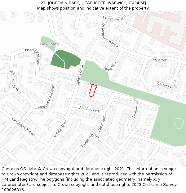 27, JOURDAIN PARK, HEATHCOTE, WARWICK, CV34 6FJ: Location map and indicative extent of plot