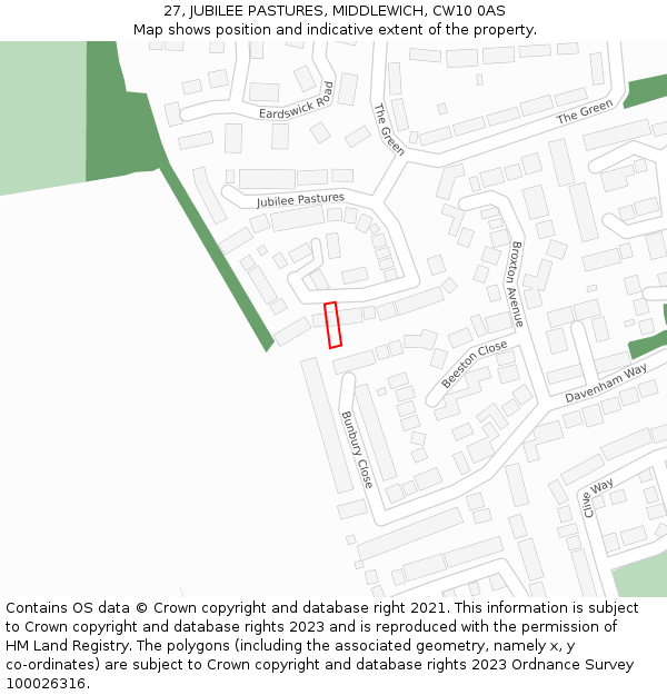 27, JUBILEE PASTURES, MIDDLEWICH, CW10 0AS: Location map and indicative extent of plot