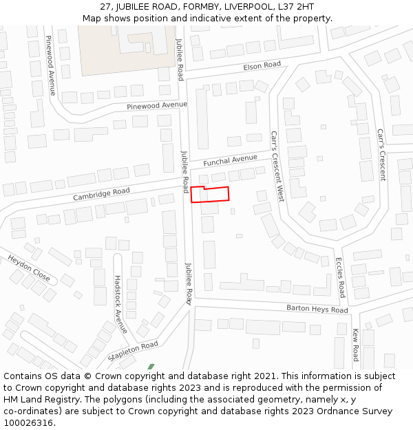 27, JUBILEE ROAD, FORMBY, LIVERPOOL, L37 2HT: Location map and indicative extent of plot