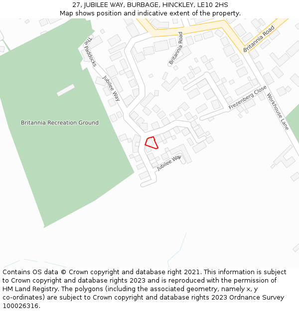 27, JUBILEE WAY, BURBAGE, HINCKLEY, LE10 2HS: Location map and indicative extent of plot