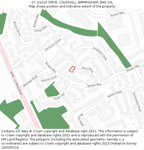 27, JULIUS DRIVE, COLESHILL, BIRMINGHAM, B46 1HL: Location map and indicative extent of plot