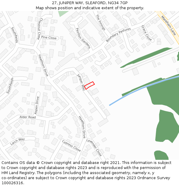 27, JUNIPER WAY, SLEAFORD, NG34 7GP: Location map and indicative extent of plot