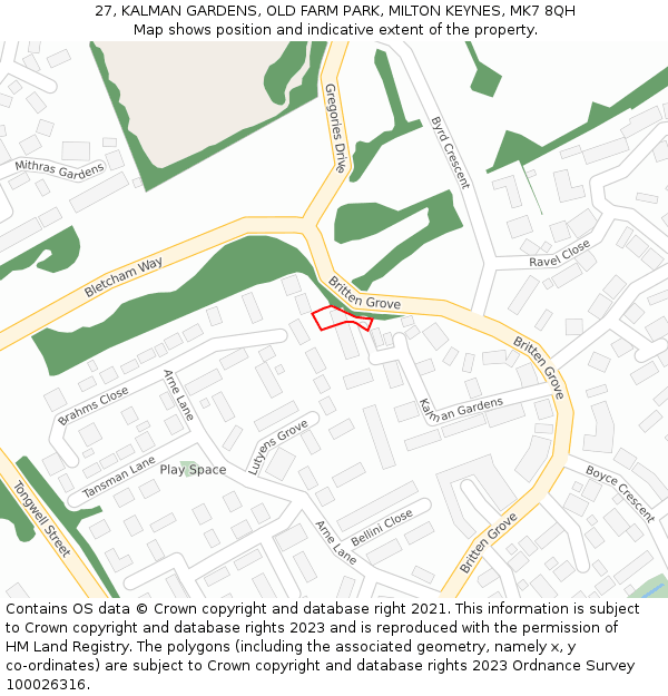 27, KALMAN GARDENS, OLD FARM PARK, MILTON KEYNES, MK7 8QH: Location map and indicative extent of plot