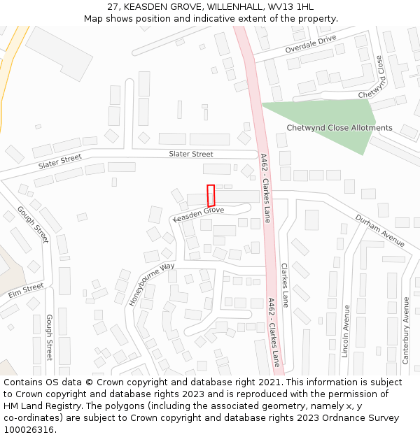 27, KEASDEN GROVE, WILLENHALL, WV13 1HL: Location map and indicative extent of plot