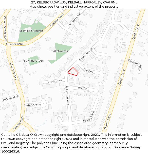 27, KELSBORROW WAY, KELSALL, TARPORLEY, CW6 0NL: Location map and indicative extent of plot