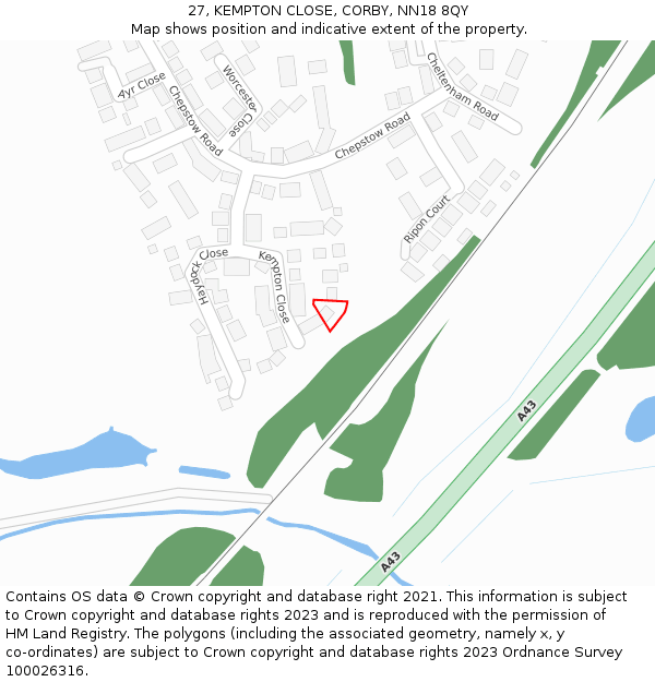 27, KEMPTON CLOSE, CORBY, NN18 8QY: Location map and indicative extent of plot