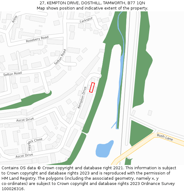 27, KEMPTON DRIVE, DOSTHILL, TAMWORTH, B77 1QN: Location map and indicative extent of plot