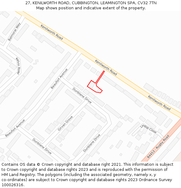 27, KENILWORTH ROAD, CUBBINGTON, LEAMINGTON SPA, CV32 7TN: Location map and indicative extent of plot