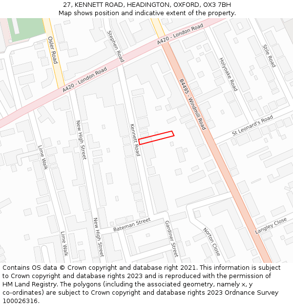 27, KENNETT ROAD, HEADINGTON, OXFORD, OX3 7BH: Location map and indicative extent of plot