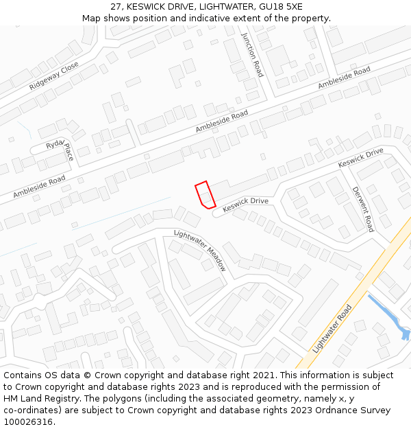 27, KESWICK DRIVE, LIGHTWATER, GU18 5XE: Location map and indicative extent of plot