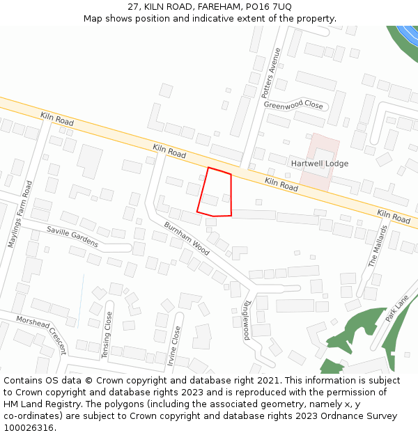 27, KILN ROAD, FAREHAM, PO16 7UQ: Location map and indicative extent of plot