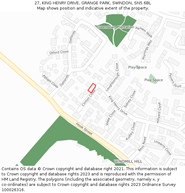 27, KING HENRY DRIVE, GRANGE PARK, SWINDON, SN5 6BL: Location map and indicative extent of plot