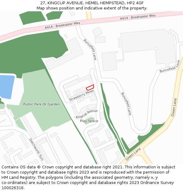 27, KINGCUP AVENUE, HEMEL HEMPSTEAD, HP2 4GF: Location map and indicative extent of plot