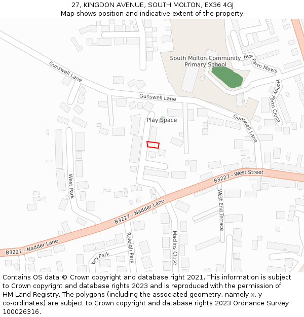 27, KINGDON AVENUE, SOUTH MOLTON, EX36 4GJ: Location map and indicative extent of plot