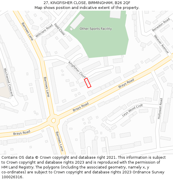 27, KINGFISHER CLOSE, BIRMINGHAM, B26 2QF: Location map and indicative extent of plot