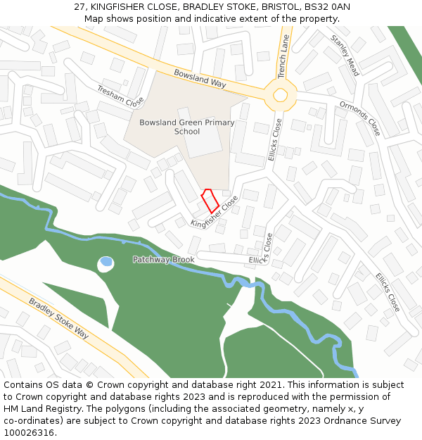 27, KINGFISHER CLOSE, BRADLEY STOKE, BRISTOL, BS32 0AN: Location map and indicative extent of plot