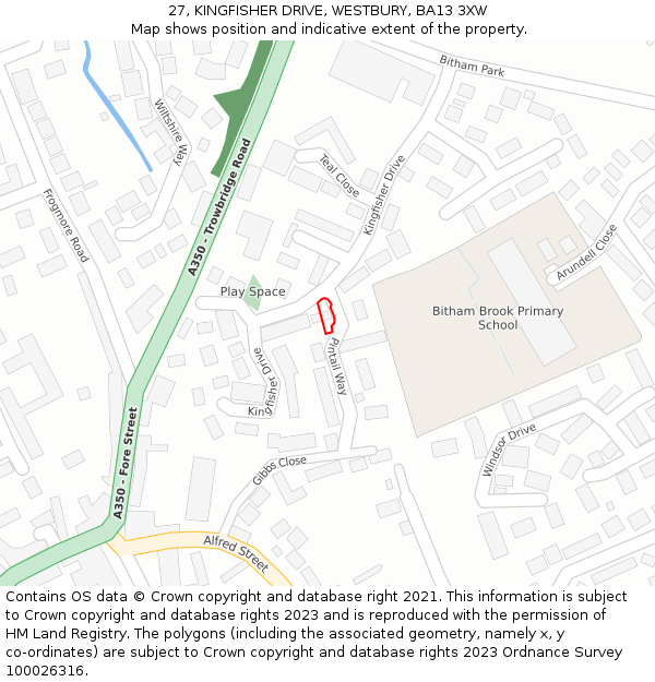 27, KINGFISHER DRIVE, WESTBURY, BA13 3XW: Location map and indicative extent of plot