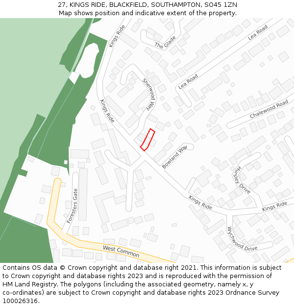 27, KINGS RIDE, BLACKFIELD, SOUTHAMPTON, SO45 1ZN: Location map and indicative extent of plot