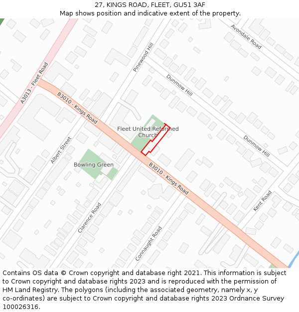 27, KINGS ROAD, FLEET, GU51 3AF: Location map and indicative extent of plot