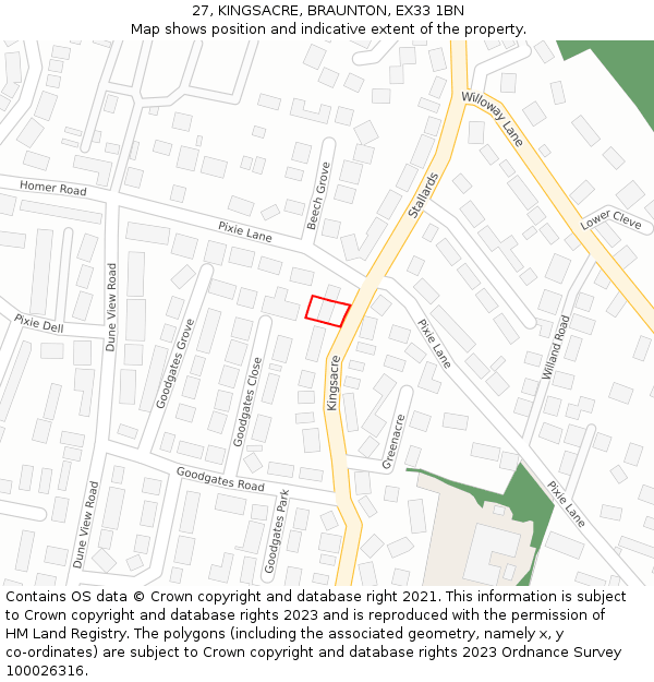 27, KINGSACRE, BRAUNTON, EX33 1BN: Location map and indicative extent of plot