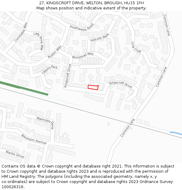 27, KINGSCROFT DRIVE, WELTON, BROUGH, HU15 1FH: Location map and indicative extent of plot