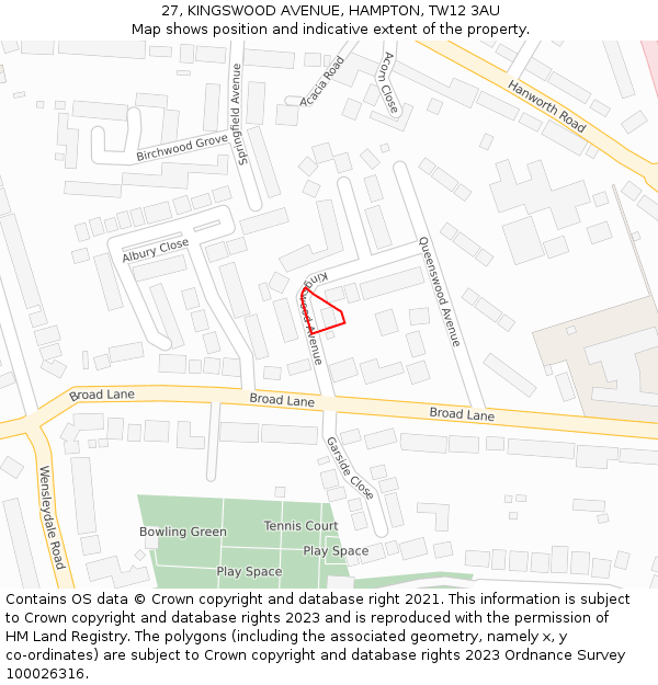 27, KINGSWOOD AVENUE, HAMPTON, TW12 3AU: Location map and indicative extent of plot