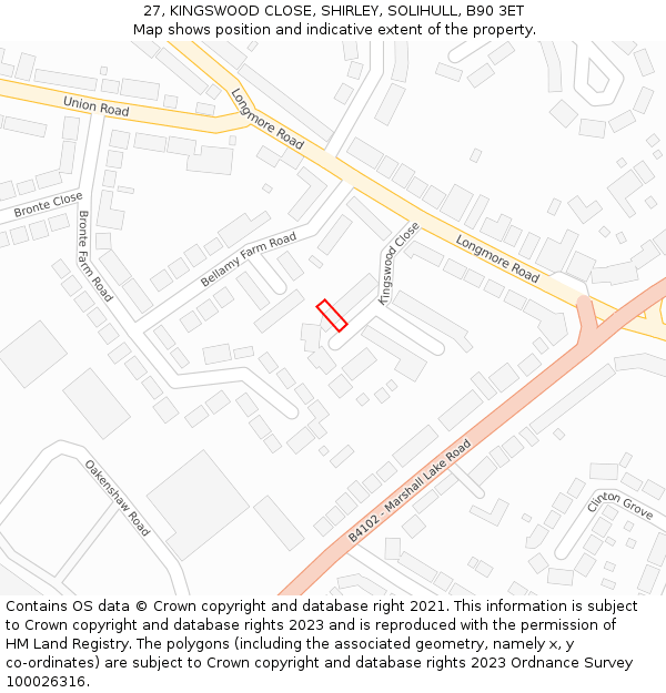 27, KINGSWOOD CLOSE, SHIRLEY, SOLIHULL, B90 3ET: Location map and indicative extent of plot