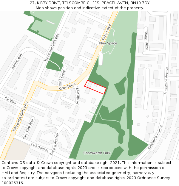 27, KIRBY DRIVE, TELSCOMBE CLIFFS, PEACEHAVEN, BN10 7DY: Location map and indicative extent of plot