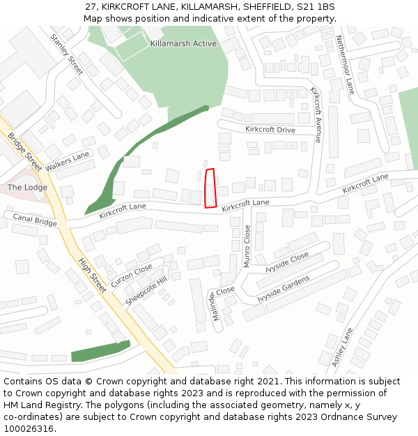 27, KIRKCROFT LANE, KILLAMARSH, SHEFFIELD, S21 1BS: Location map and indicative extent of plot