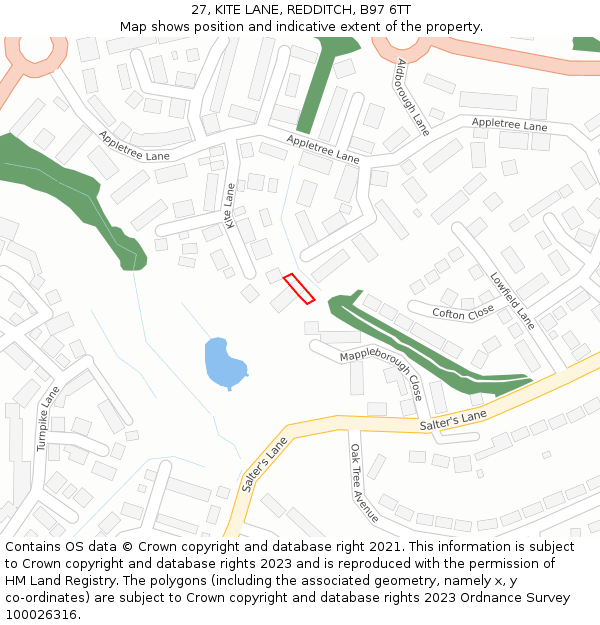 27, KITE LANE, REDDITCH, B97 6TT: Location map and indicative extent of plot