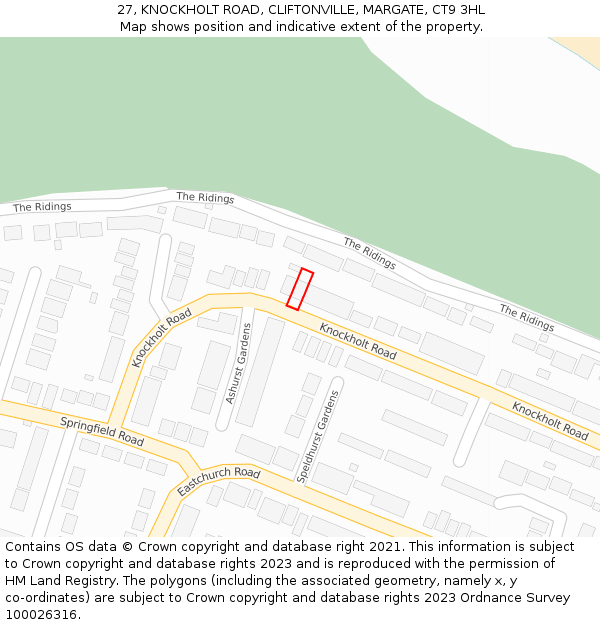 27, KNOCKHOLT ROAD, CLIFTONVILLE, MARGATE, CT9 3HL: Location map and indicative extent of plot