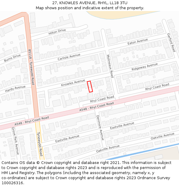 27, KNOWLES AVENUE, RHYL, LL18 3TU: Location map and indicative extent of plot