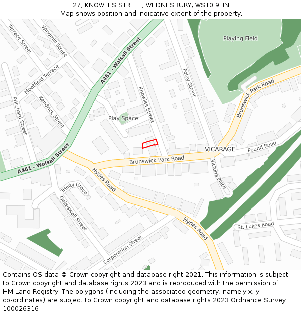 27, KNOWLES STREET, WEDNESBURY, WS10 9HN: Location map and indicative extent of plot