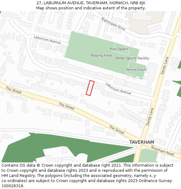 27, LABURNUM AVENUE, TAVERHAM, NORWICH, NR8 6JX: Location map and indicative extent of plot