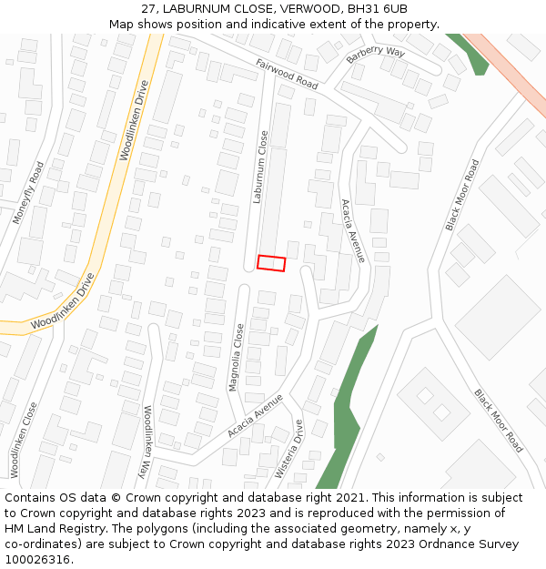 27, LABURNUM CLOSE, VERWOOD, BH31 6UB: Location map and indicative extent of plot