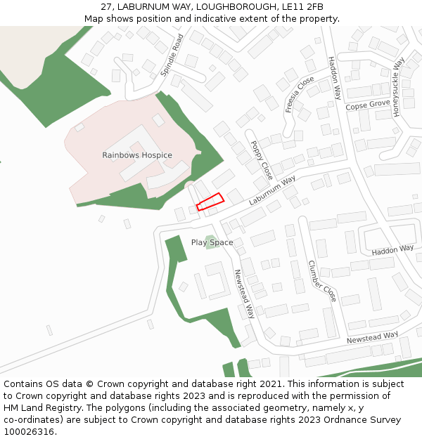 27, LABURNUM WAY, LOUGHBOROUGH, LE11 2FB: Location map and indicative extent of plot