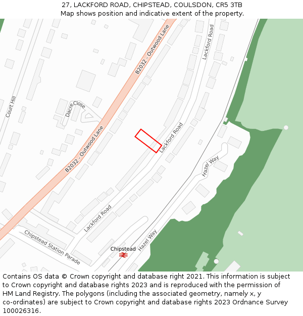 27, LACKFORD ROAD, CHIPSTEAD, COULSDON, CR5 3TB: Location map and indicative extent of plot