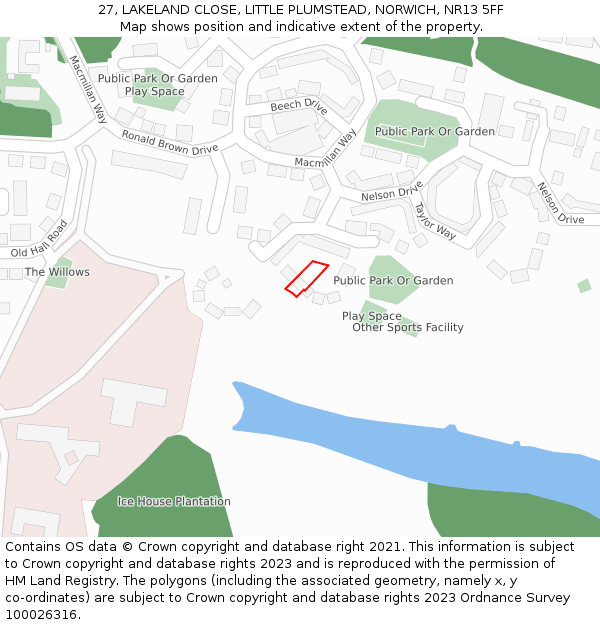 27, LAKELAND CLOSE, LITTLE PLUMSTEAD, NORWICH, NR13 5FF: Location map and indicative extent of plot