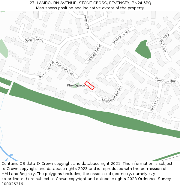 27, LAMBOURN AVENUE, STONE CROSS, PEVENSEY, BN24 5PQ: Location map and indicative extent of plot