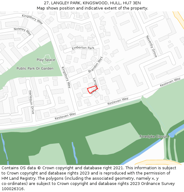 27, LANGLEY PARK, KINGSWOOD, HULL, HU7 3EN: Location map and indicative extent of plot