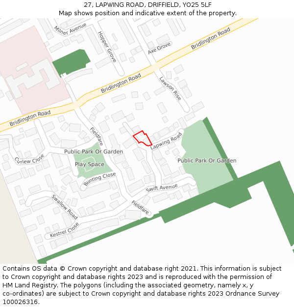 27, LAPWING ROAD, DRIFFIELD, YO25 5LF: Location map and indicative extent of plot