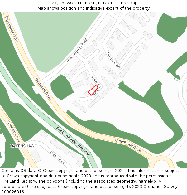 27, LAPWORTH CLOSE, REDDITCH, B98 7RJ: Location map and indicative extent of plot