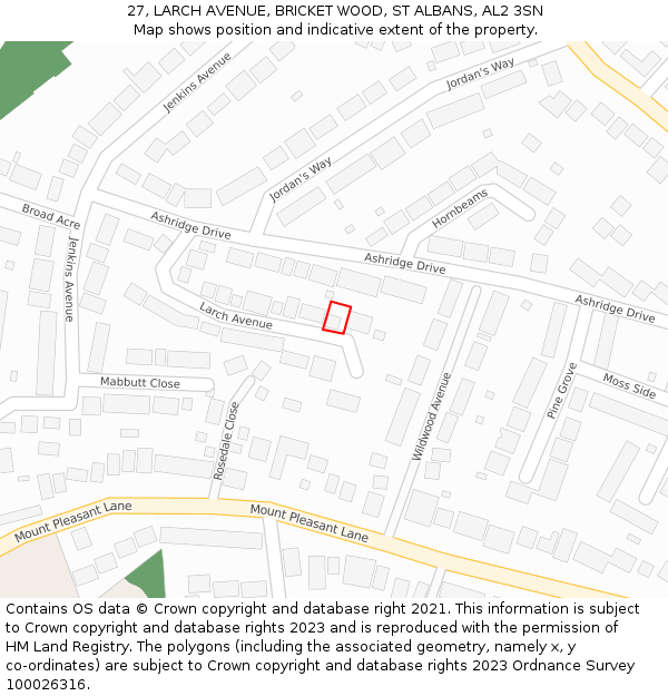 27, LARCH AVENUE, BRICKET WOOD, ST ALBANS, AL2 3SN: Location map and indicative extent of plot