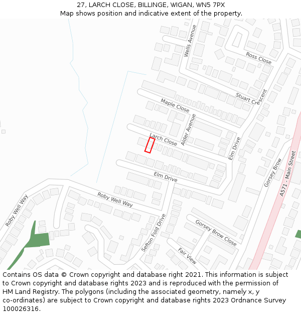 27, LARCH CLOSE, BILLINGE, WIGAN, WN5 7PX: Location map and indicative extent of plot