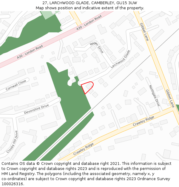 27, LARCHWOOD GLADE, CAMBERLEY, GU15 3UW: Location map and indicative extent of plot