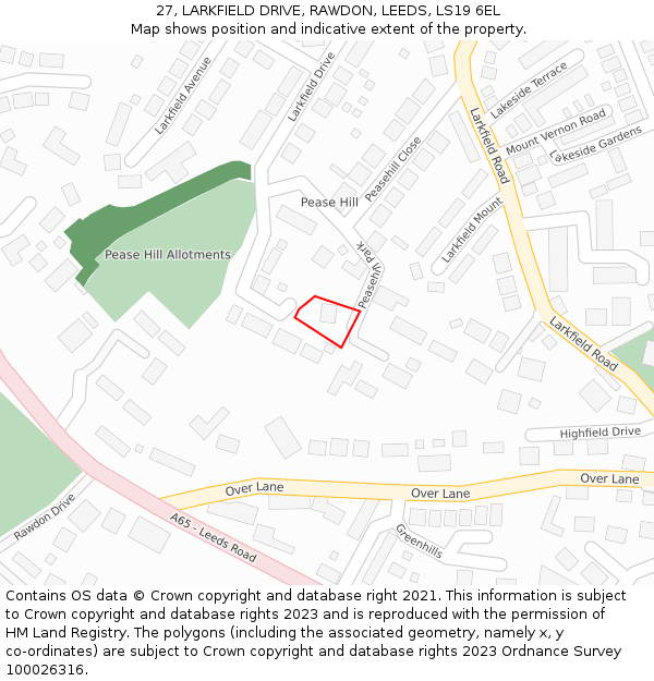 27, LARKFIELD DRIVE, RAWDON, LEEDS, LS19 6EL: Location map and indicative extent of plot