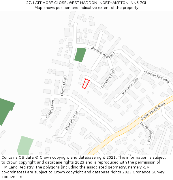 27, LATTIMORE CLOSE, WEST HADDON, NORTHAMPTON, NN6 7GL: Location map and indicative extent of plot